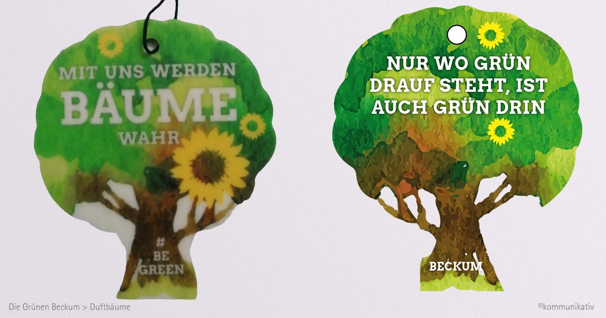 Werbeagentur Beckum Kommunikativ - Werbeartikel für Die Grünen Beckum, Duftbaum mit beidseitigem Print.